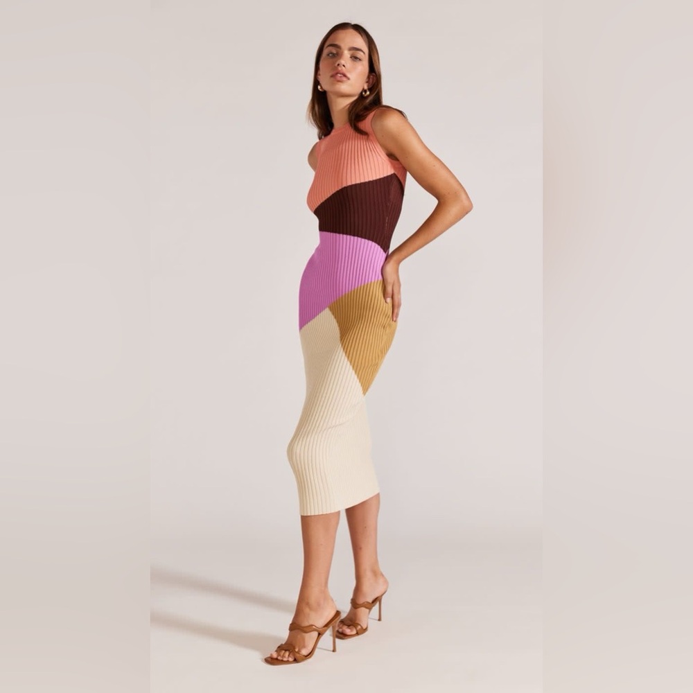 MINKPINK Evie Knit Sleeveless Midi Dress Size Large Multicolor Colorblock NWOT